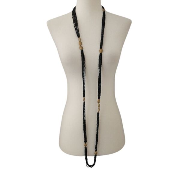 Multi Strand Beaded Necklace LONG 60" Black Seed Beads Brass Colored Stations - Picture 10 of 16
